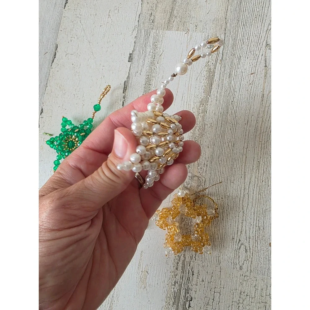 Beaded star ornament green gold pearls Xmas tree